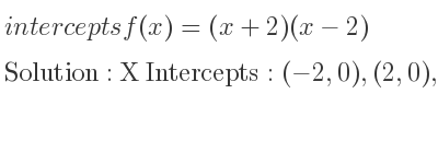 The intercepts of f(x)=(x+2)(x-2) is X Intercepts: (-2,0),(2,0),Y Intercepts: (0,-4)